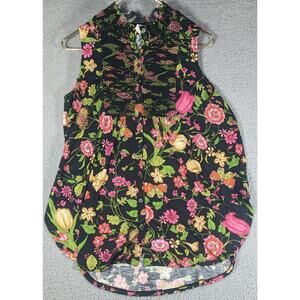 Anthropologie Akemi Kin Top Womens Size Medium Black Floral Button V-Neck Top